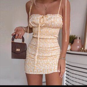 Sexy smocked shirring dress strap tie shoulder summer beach coverup XS ~ S